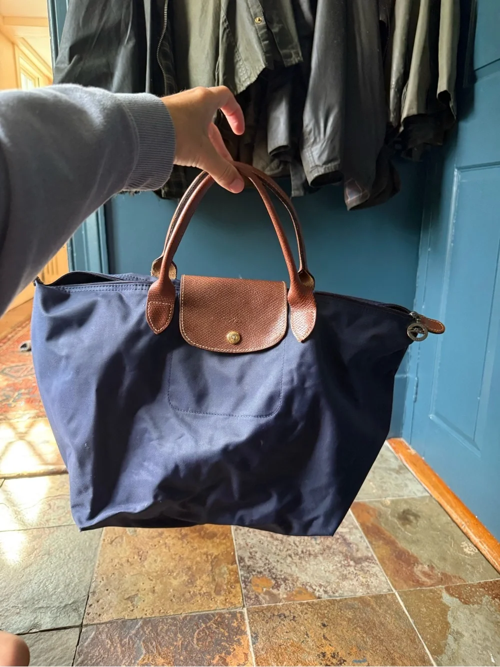 Longchamp Navy and Brown Leather Top-Handle Tote